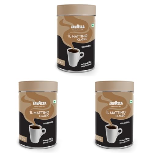 Image of Lavazza Il Mattino Classic Bottle|Pure Ground Coffee|Premium Arabica|Medium Roast|Notes Of Cereals & Cocolates| Intensity 5|200G Tin (Pack of 3)