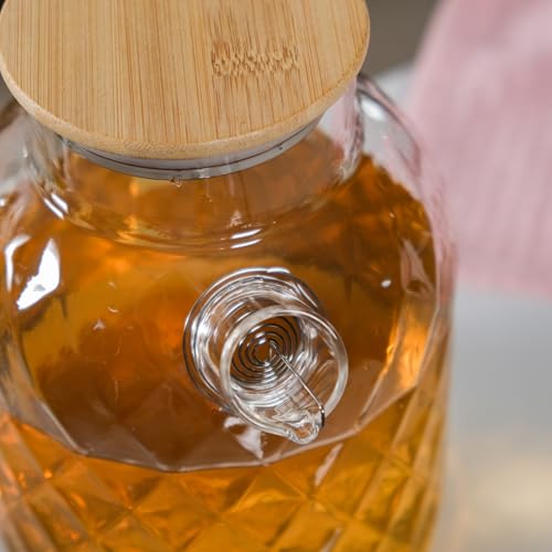 Image of Nestasia Transparent Glass Jug with Bamboo Lid (1700 ml) - Diamond Textured Dishwasher Safe Carafe with Easy Pour Spout & Steel Strainer - Glass Pitcher for Water, Juice, Hot & Cold Beverages