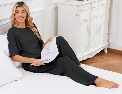 Image of JiniGolla Womens Pajama Sets Waffle Knit Short Sleeve Shirt with Long Pajama Pants Soft Sleepwear Pj Lounge Sets