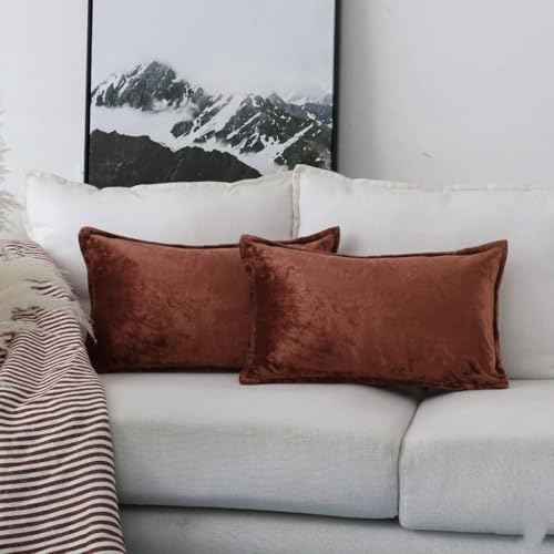 Image of RD TREND Velvet Cushion Covers Set of 2, Soft Long Cushion Covers 18x28 Inches, Rectangular Decorative Throw Pillowcases for Sofa, Bed & Living Room | Solid Coffee