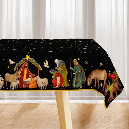 Christmas Nativity Tablecloth - Holy Tablecover Religious Scene Table Decor for Christmas, New Year, Xmas - Home Party Decorations