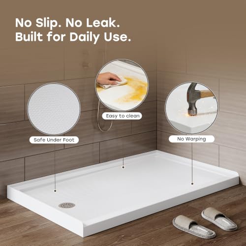 Image of HOROW 60 inch x 36 inch Shower Base, Left Drain Shower Pan, Low Profile Acrylic Base with Reinforced Fiberglass, Non-Slip Surface, Stainless Steel Drain Cover, Leak-Resistant for Bathroom