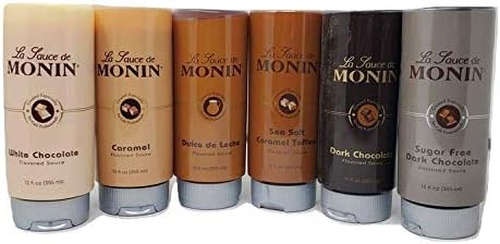 Monin Sauce variety pack All 6 Flavors Dark Chocolate, White Chocolate, Dulce de Leche, Caramel, Sugar Free Chococolate and Sea Salt Toffee Non GMO Shelf Stable 12 oz bottles