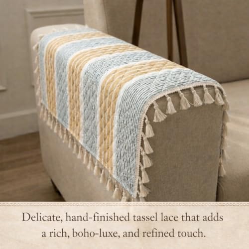 Image of STITCHNEST Printed Quilted Sofa Arm Cover with Tassels | Stylish Hand Rest Protector | Soft & Durable | 18 x 22 Inches