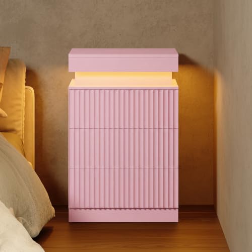 Image of Nightstand Bedside Table with Charging Station & LED Lights, Pink | RGB Lights, Hidden Sliding Top, 2 AC Outlets & 2 USB Ports, 3-Drawer Storage, Modern Fluted End Table for Bedroom