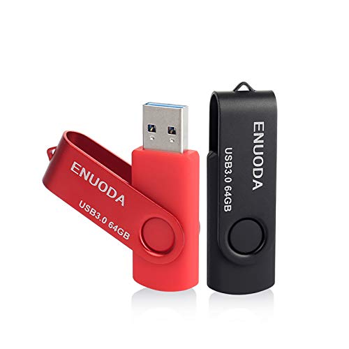 2 Pack 64GB USB 3.0 Flash Drives ENUODA Swivel USB Memory Stick 64GB Thumb Drives Zip Drives Data Storage Jump Drives 2 Colors: Red Black