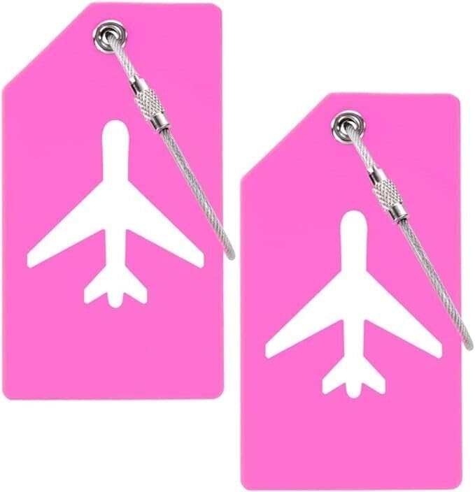 PVC Silicone Luggage Tags Holiday Suitcase Labels Travel Bag Plane Design Color with Name ID Card Suitable for Suitcase, Backpacks, Bags, Handbags. Travel Accessories Essentials (2 Pack Light Pink)