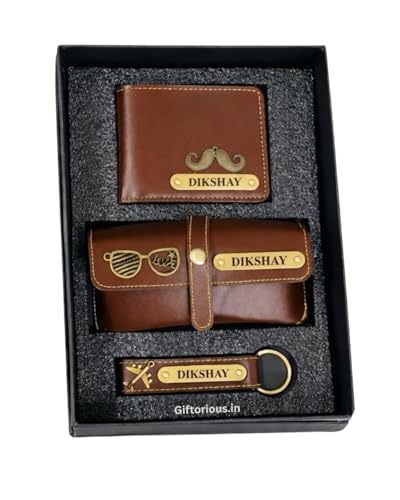 Image of Personalized Leather Wallet Combo for Men with Sunglass Case & Keychain | Premium Brown Gift Set | Custom Name Engraved | Birthday for Men | 3-Piece Combo