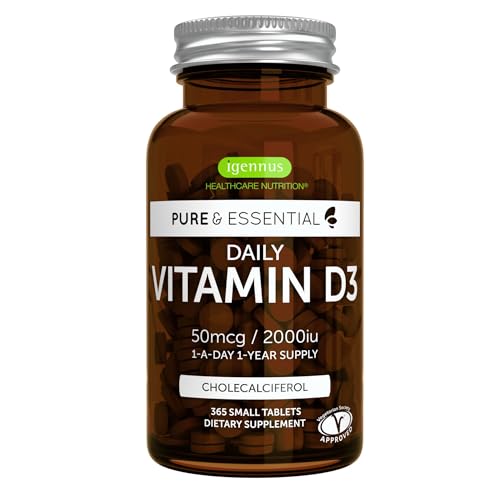 Igennus Daily Vitamin D3 2000iu, 50 mcg, Clean Label, 365 Small Tablets, 1-Year Supply, Vegetarian Cholecalciferol Vitamin D Supplement