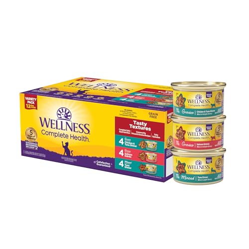 Wellness Complete Health Tasty Textures Gravy & Minced Adult Wet Cat Food, Natural, Protein-Rich, Grain Free, 3 Ounce, 12 Pack, (Salmon, Tuna, and Chicken Variety Pack)