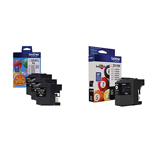 Brother Genuine High Yield Color Ink Cartridge, LC2033PKS, Three Pack, Cyan, Magenta & Yellow, Up to 550 Pages & Genuine Standard Yield Black Ink Cartridge, LC201BK, Black Ink, Up to 260 Pages