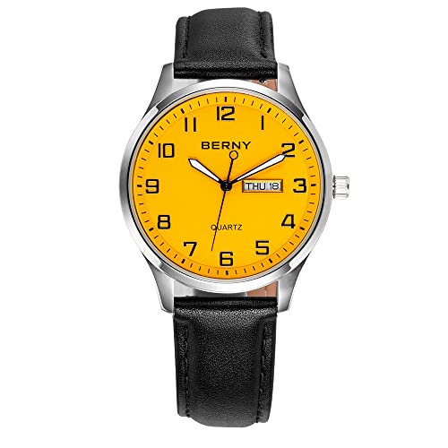 Montre à quartz homme cadran orange BERNY bracelet cuir classique affichage analogique clair