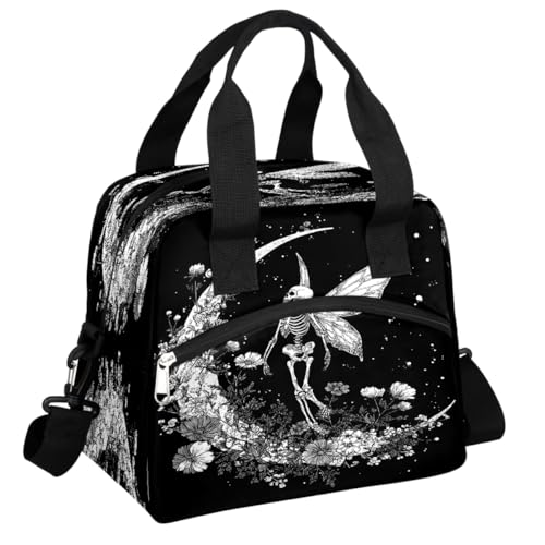 FengQuGou Skull Moon Skeleton Insulated Lunch Bags for Women Girls Adult Ethnic Reusable Lunch Tote Therma Cooler Bag with Shoulder Strap Lunch Box for School Work Office Picnic Meal Prep Bag