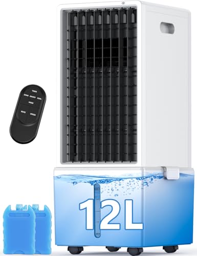 HIFRESH Air Cooler for Room Cooling, Remote & Touch, 4 Modes & 4 Speeds, 31Ft Air Throw, 12H Timer, 12L Tank for 24H Cooling, Waterless Alert, 2 Ice Packs, Low Power Consumption Tower Coolers for Home