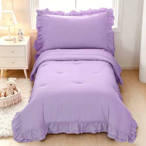 Image of Toddler Bedding Set for Girls, 4 Piece Double Ruffles Soft and Breathable Toddler Bed Sheets with Boho Toddler Comforter, Fitted Sheet, Flat Sheet and Pillowcase, Purple