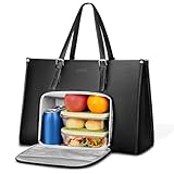 MATEIN Laptop Tote Bag with Insulated Lunch Compartment, 15.6 Inch PU Leather Briefcase with Leakproof Lunch Box Pocket for Women, Convertible Lightweight Computer Work Bag Handbag for Office, Black