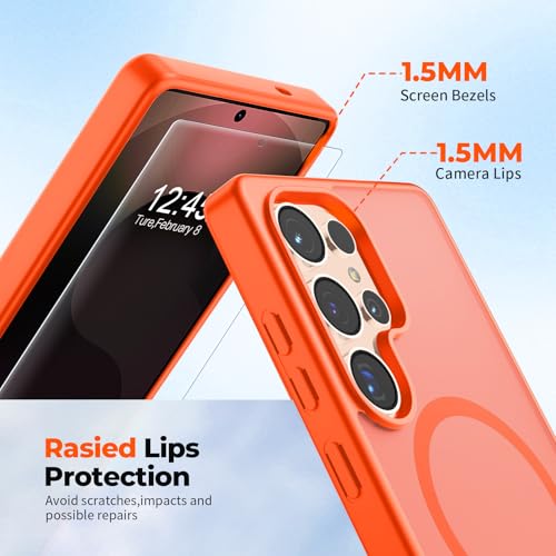 Image of SUPFINE Magnetic for Samsung Galaxy S25 Ultra Case with Screen Protector, (Built-in Magnets) (Military Grade Drop Protection) Slim Translucent Shockproof Phone Case,Orange