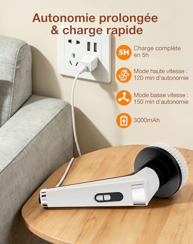 Brosse Nettoyage Électrique avec 9 Têtes, Manche Extensible, 3 Vitesses, Étanche IPX8, Batterie de 3000 mAh, Brosse Rotative Nettoyage avec Éclairage LED pour Salle de Bain, Cuisine, Sols – vue 5