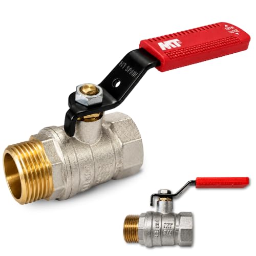 Válvula de esfera PN 25, Palanca Valvula Bola, Palanca Llave Paso Fontaneria, conexión Macho-Hembra, Fabricada en latón CW617N, Tamaño: 3/4", Maneta en color Rojo, Presión Máxima 25 Bar