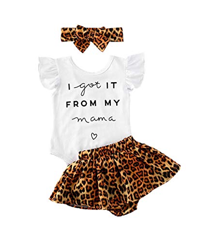 Newborn Baby Girls Clothes Mommy Saying Top Printed Romper Leopard Shorts Skirts+Headband Outfit Set (12-18 Months, A2-Ruffle Sleeve)