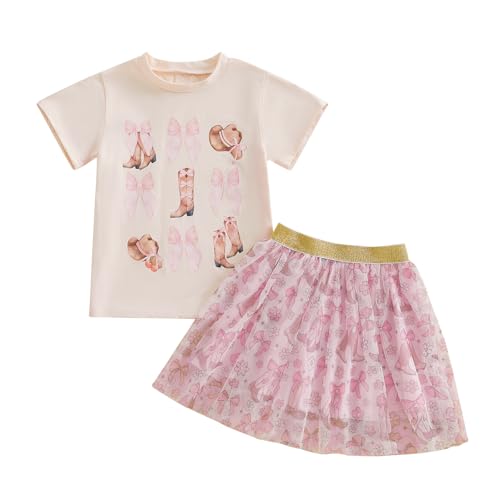 TUSFTAY Toddler Girls Boots Western Outfit Cute Short Sleeve Bow Boots Print Tops and Tulle Skirt Little Kids Summer Outfits (Pink 5-6Y)