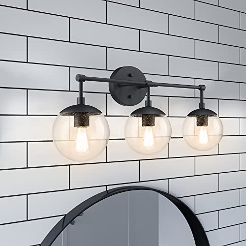 Image of Design House Gracelyn Matte Black 3-Light Bathroom Vanity Light, Clear Seedy Glass Globes, Dimmable, 24 in. W, 588889-BLK
