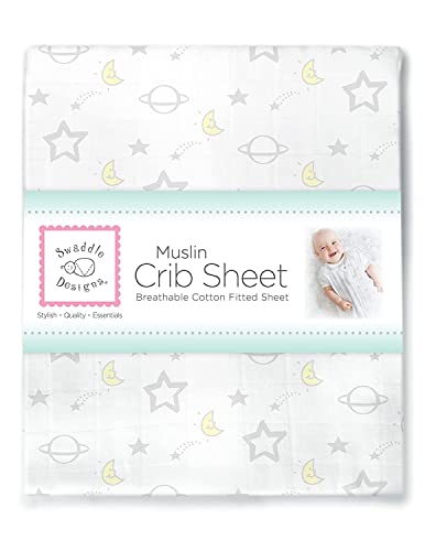 Image of SwaddleDesigns Softest Cotton Muslin Fitted Crib Sheet /Toddler Sheet for Baby Boy & Girl, Sterling Goodnight