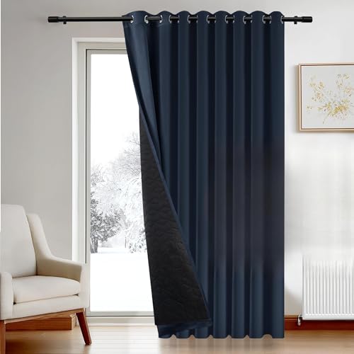 Deconovo Eyelet Curtain for Door, Windproof Blackout Curtain with Thick Microfiber Quilted Lining, Noise Reducing Thermal Insulated Curtain for Bedroom, 100 x 84 Inch, Navy Blue, 1 Panel