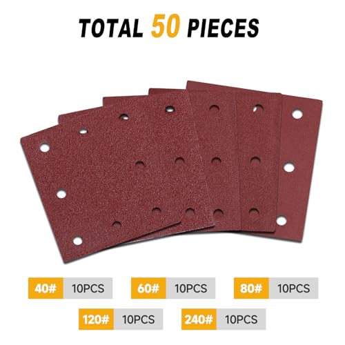 Miniatura 3 de Sruhrak 50 Piezas 110x115mm Lijas Para Lijadora, 40 60 80 120 240 Grano Rectangulares Papel De Lija 8 Agujeros Hojas De Lija Para Rectangulares Lijadoras Y Lijadora Orbital