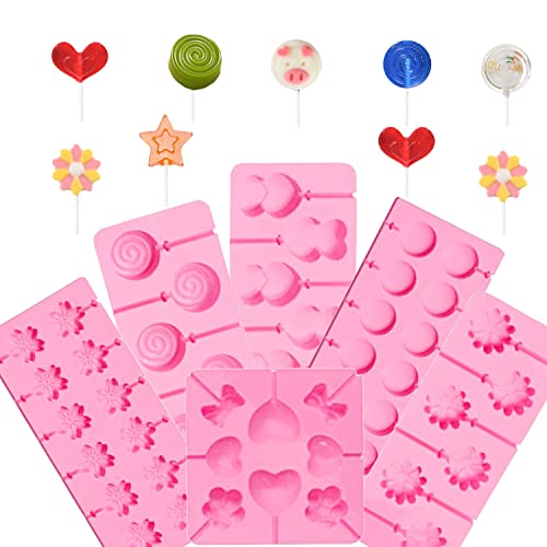 QELEG 6 Pieces Jumbo Silicone Lollipop Molds, Chocolate Hard Candy Mold with 100 Sucker Sticks for Baking,Random Color