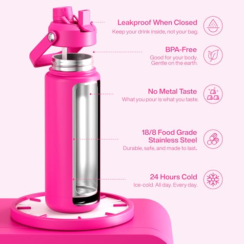 Image of ENCOOL Insulated Water Bottle with Straw Stainless Steel Water Bottle, Leak-Proof, BPA-Free, Double Wall Vacuum Keeps Cold for 24 Hours for Sports, Travel, School (32 oz, Persian Rose)