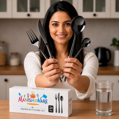 Image of Slim Handle Black 24 Pcs Stainless Steel Cutlery Set for Dining Table, Dishwasher Safe Glossy Flatware (6 Spoon Set + 6 Forks Set + 6 Butter Knife + 6 Dessert Spoon)