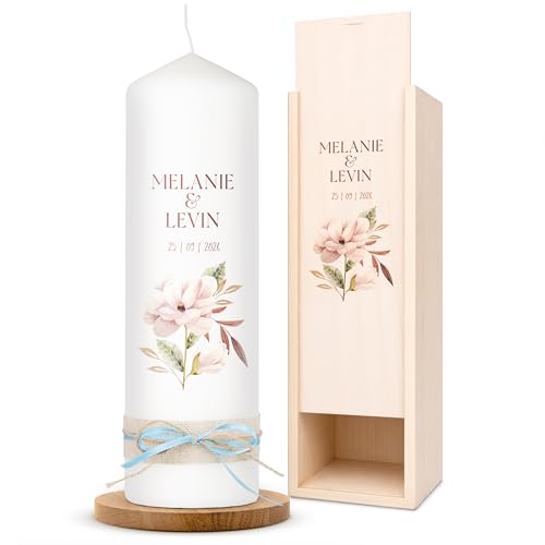 AMARI Hochzeitskerze personalisiert Eheglück 25/8 cm - Traukerze Hochzeit - Hochzeitskerze Standesamt - Traukerze mit Namen und Datum