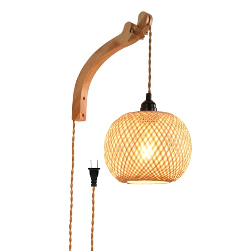 Rustic Wall Sconce with Curved Wood Bracket,Natural Bamboo Globe Wall Lighting, Handwoven Rattan Shade Wall Lamp for Bedroom Living Room Hallway, E26 Base, Bulb Not Included