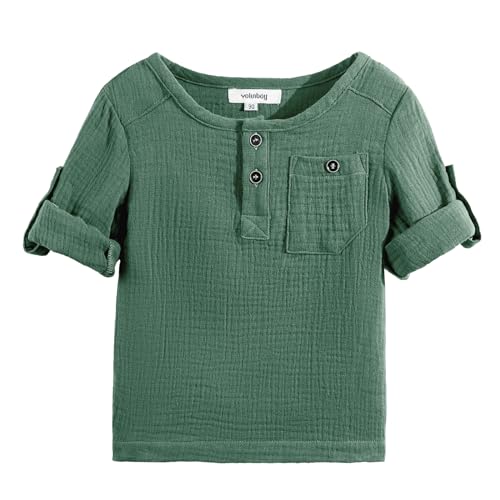 Image of Volunboy Toddler Boys Long Sleeve Henley Shirt Light Cotton Button Down Tshirt Top with Pocket 1-5 Years(Green,2-3 Years,Tag Size 100)