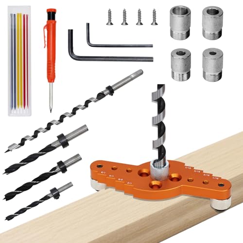 Kit de plantilla para escuadras de repisa flotante (broca de 1,3 x 30 cm), marcador autocentrante (y brocas de 0,6, 0,8, 1 y 1,2 cm), guía de perforación para repisas ocultas y repisas, broca para c