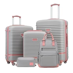 COOLIFE Koffer Trolley Koffer Reisekoffer von ABS Hartschalen Trolley 4 Rollen TSA-Schloss Der Koffer Enthält 1 Reiserucksack und 1 Kulturbeutel (Grau/Rosa, Koffer-Set 5tlg)