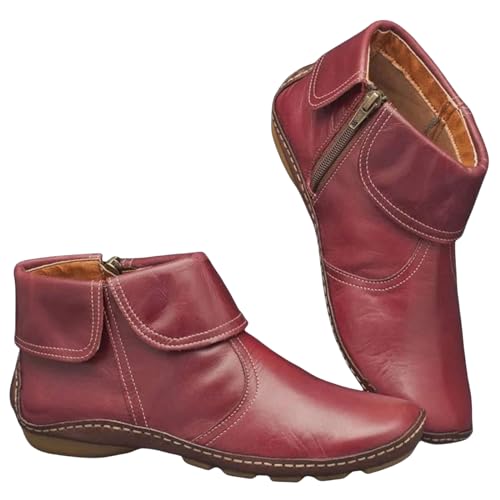 Toumov Ankle Boots for Women Side Zipper Vintage Leather Damping Shoes with Arch Support Retro Slip On Booties Fashion Waterproof Boots Comfy Work Office Shoes Indoor and Outdoor