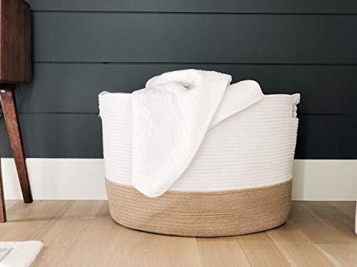 Chloe And Cotton Xxxl Extra Large Woven Rope Storage Basket 15 X 21 Inch Jute White Handles | Decorative Laundry Clothes Hamper, Blanket, Towel, Baby Nursery Diaper, Toy Bin Cute Collapsible Organizer #TOP2