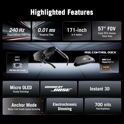 Image of ASUS ROG XREAL R1 Gaming AR Glasses, Micro-OLED FHD, 240Hz Refresh Rate, 3DoF, Spatial Audio, USB-C, for ROG Ally, PS5, Xbox, iPhone 15 /16 and Android, 91g