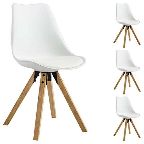 IDIMEX Lot de 4 chaises de Salle à Manger Tyson Style scandinave Design Nordique avec piètement en Bois Massif, siège Coque rembourré en Plastique Blanc