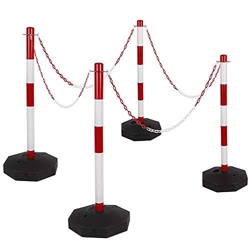 Set composto da 4 paletti Bakaji Set 4 Colonnine Segnapercorso con Catena 140cm Colinnina Colonna Palo in Plastica Segna Fila Separacode Base Rotonda Contrappeso Riempibile Altezza 82cm Colore Bianco Rosso