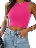 REORIA Women's Sexy Sleeveless High Neck Crop Tank Top Racerback Double Lined Cute Basic Cropped Tops 2025 Going Out Shirts Neon Rose Red Medium