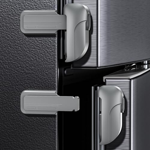 2 Pack Fridge Locks Refrigerator Door Lock for Kids Baby Safety Durable ABS Child Proof Freezer Latch to Keep Door Closed Easy Install Child Lock for Fridge No Tools Need or Drill (Grey- 2 Pack)