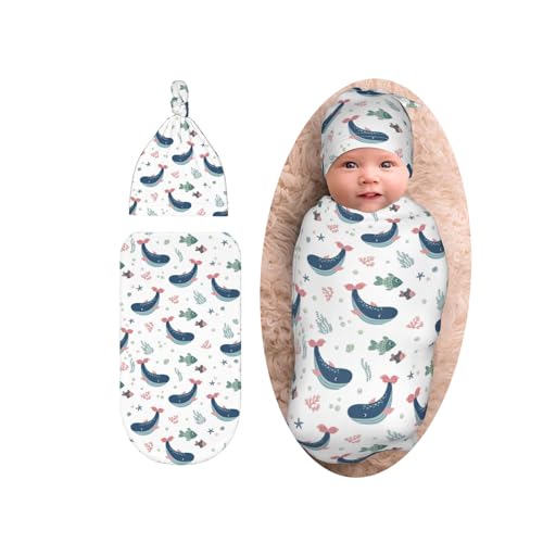Sozzjile Cute Whale Baby Stuff Swaddle Blanket with Beanie Set, Fishes Ocean Newborn Blanket Swaddle Sack for Girls Boys