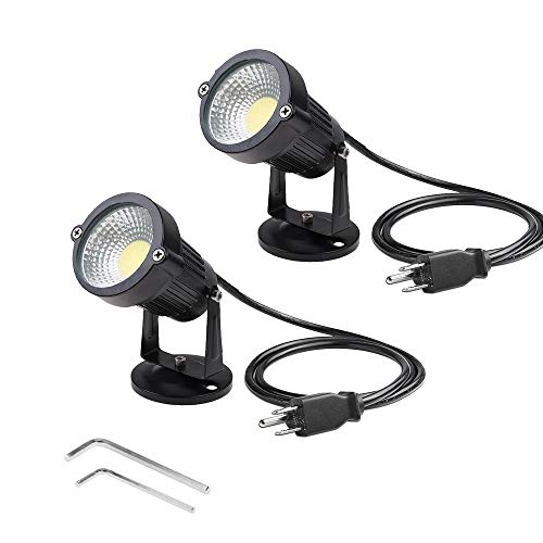 Onerbuy Bright Outdoor LED Landscape Lighting 5W COB Decorative Garden Wall Yard Path Lawn Light Lamp with Round Base and Power Plug, Pack of 2 (Round Base-Cool White)