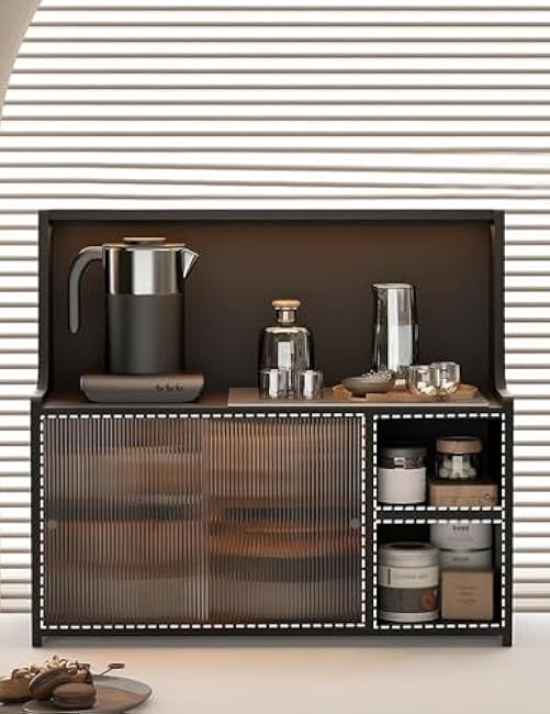 3 Tier Countertop Kitchen Pantry Storage Cabinet, Black Display with Acrylic Doors Freestanding Shelf for Coffee