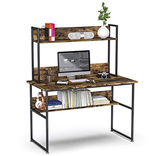 HABILY Morden Computer Desk with Hutch Storage Shelves, 47 Inch Industrial Work Desk Ladder Desk with Bookshelf and Tower Storage for Home Office (Rustic)