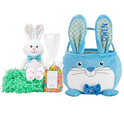 Let's Make Memories Personalized Easter Basket for Kids - Plush Furry Critter - For Boys and Girls - Custom Name - Fillable - With Optional Easter Basket Stuffers - Blue Bunny