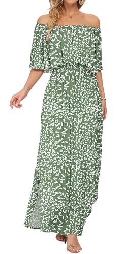 Image of AUSELILY Womens Off Shoulder Ruffle Split Summer Maxi Dresses with Pockets | Off-shoulder Ruffle dress with empire waist & side split for summer beach and casual parties